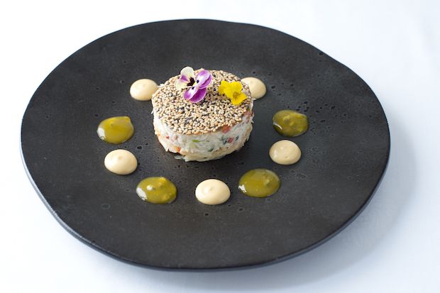 Ceviche of Devon crab with kimchi, passion fruit, sesame tuile & brown crab emulsion.jpg