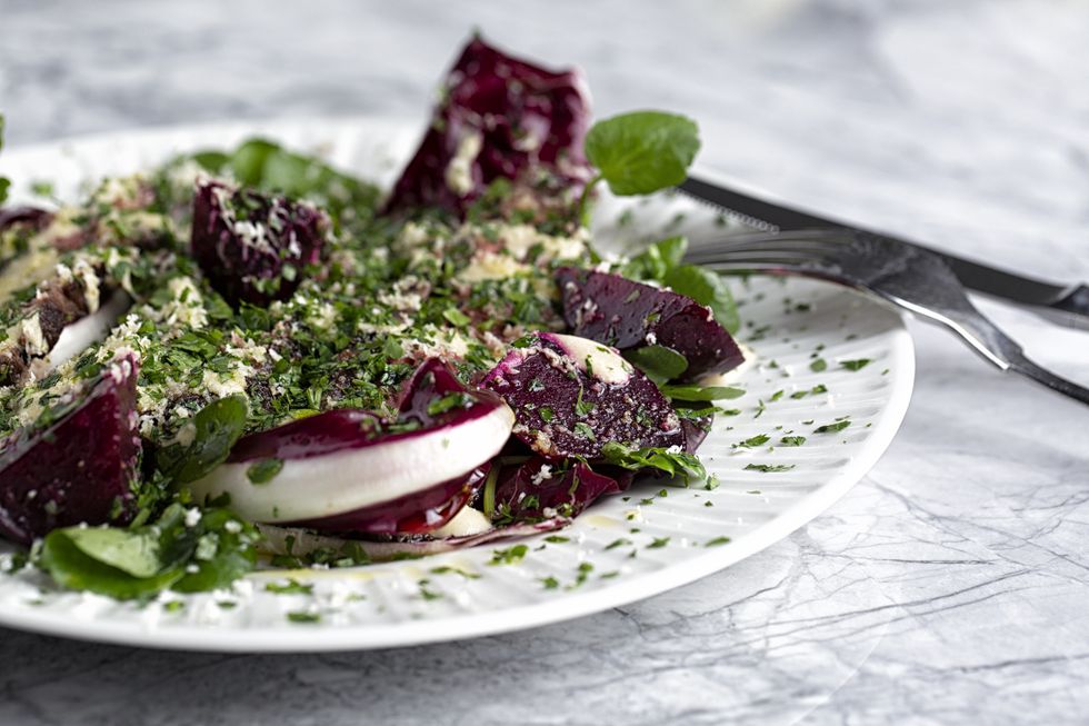 Charlie Hibbert at Thyme's bavette, beetroot, horseradish and bitter leaves, pictured by Kirstie Young (1).jpg