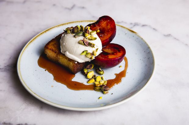 Lemon cake & rosemary pears Lemon cake, warm poached pears topped with crème fraiche, pistachios and vanilla salt.jpg